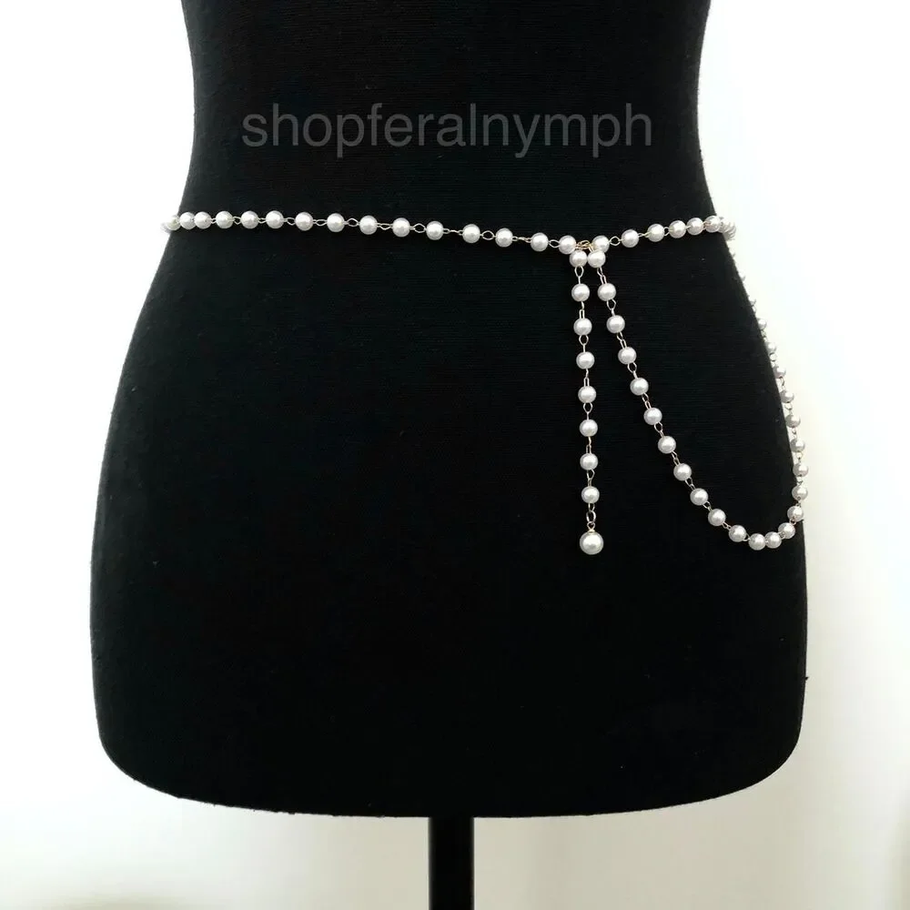 White Faux Pearl Gold Coquette Body Chain Belt, Fits Up to 42 Inches, X7GA1241